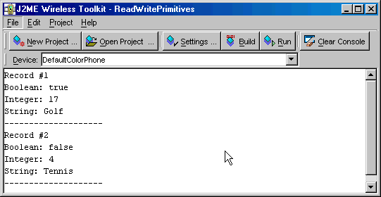 Figure 2. Output of the ReadWritePrimitives MIDlet